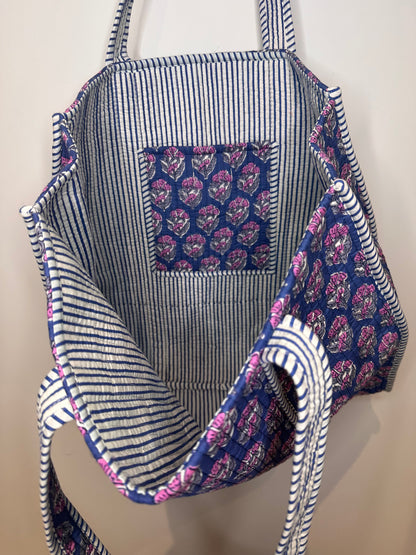 Indigo Blossom Quilted Tote Bag