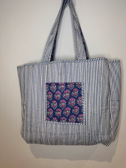 Indigo Blossom Quilted Tote Bag