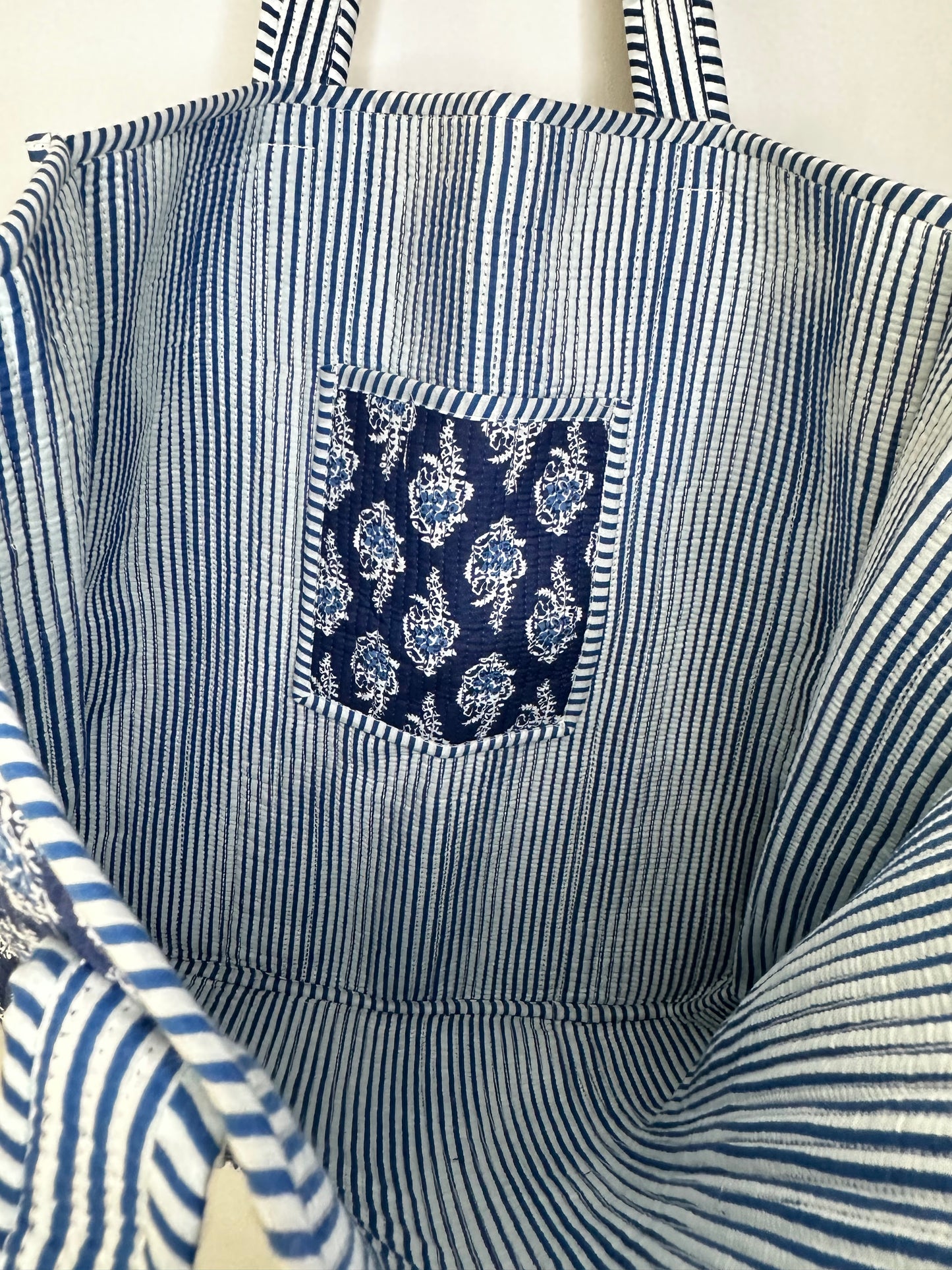 Indigo Blossom Quilted Tote Bag