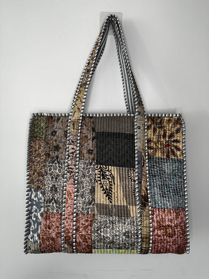 Grey Silk Patchwork Tote Bag