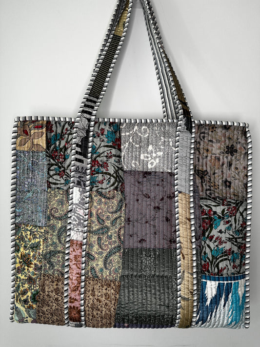 Grey Silk Patchwork Tote Bag