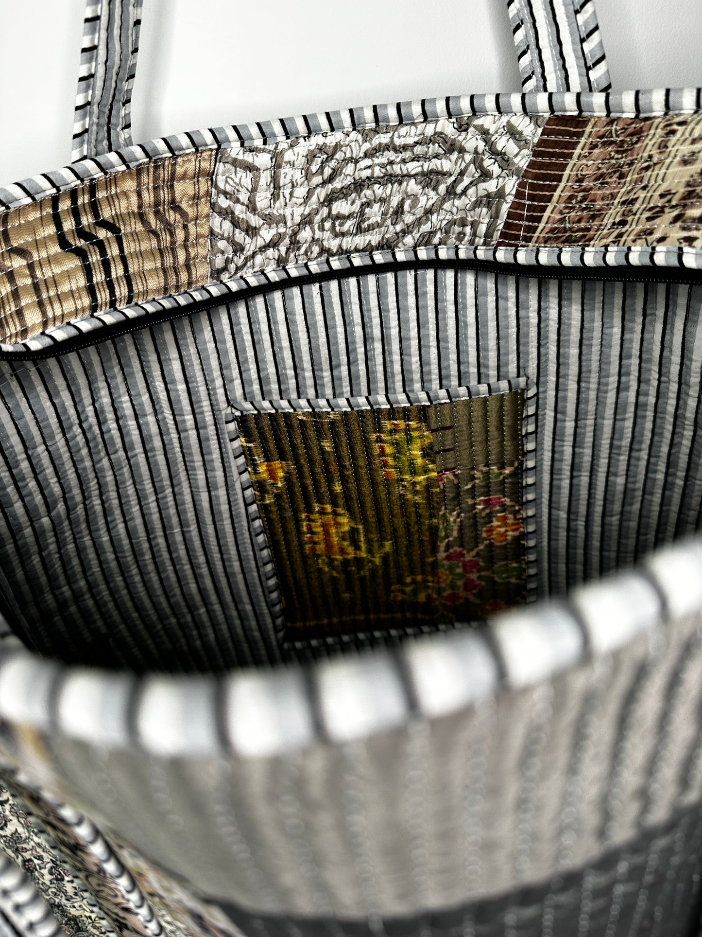 Grey Silk Patchwork Tote Bag