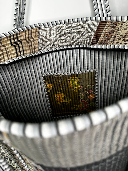 Grey Silk Patchwork Tote Bag
