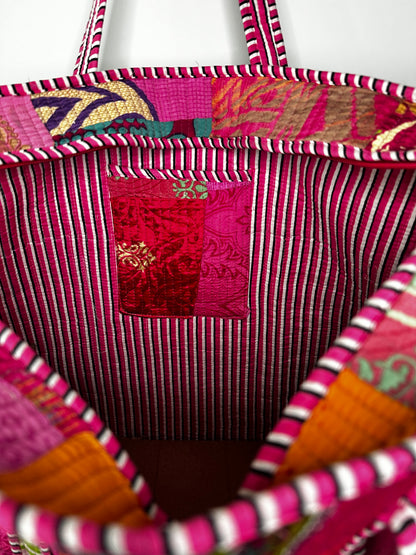 Fuchsia Silk Patchwork Tote Bag