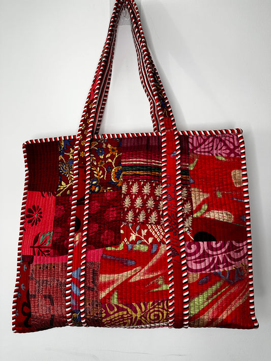 Red Silk Patchwork Tote Bag