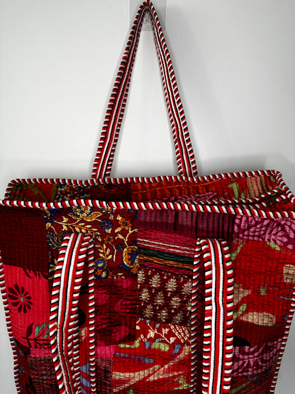 Red Silk Patchwork Tote Bag