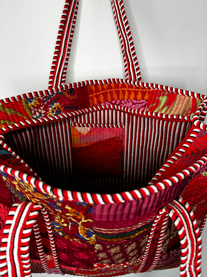Red Silk Patchwork Tote Bag