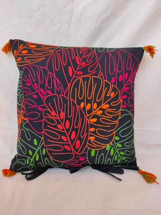 Black Monstera with Tassels - Hand Embroidered Cushion Cover