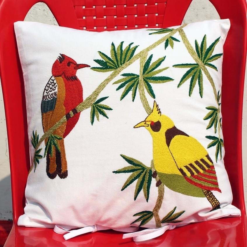 Vibrant Aviary- Hand Embroidered Cushion Cover - Tropical Serenade