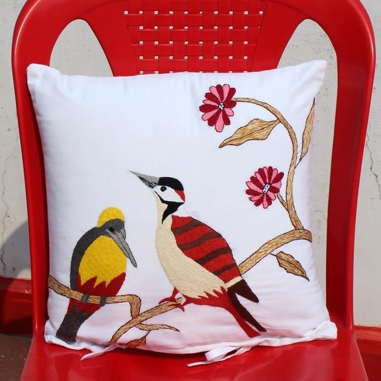 Vibrant Aviary- Hand Embroidered Cushion Cover - Tropical Serenade