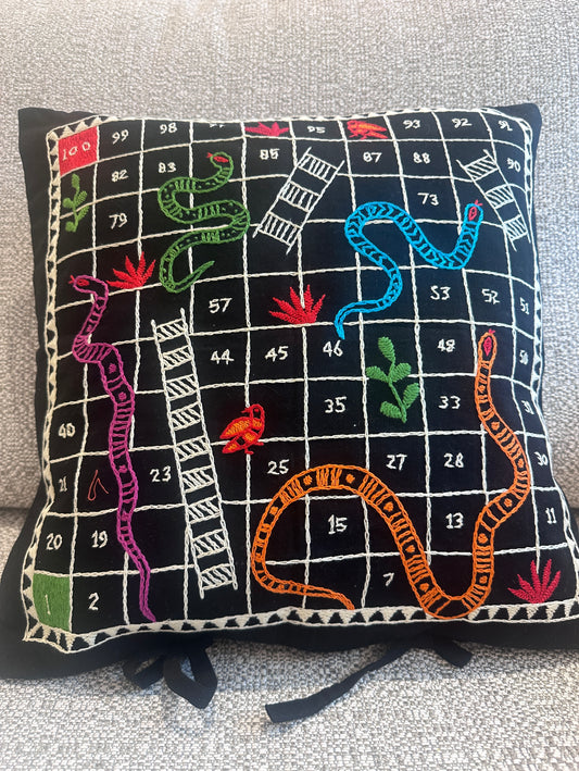 Snakes and Ladder- Hand Embroidered Cushion Cover