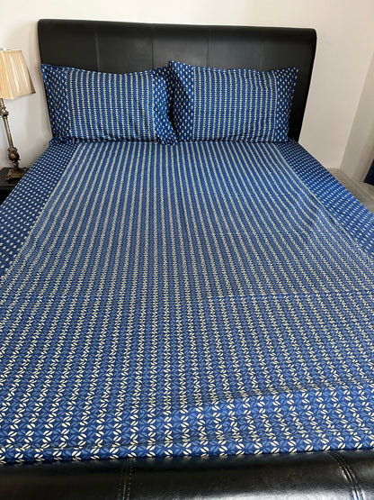 Indigo Bloom  Block Printed Bed Sheet