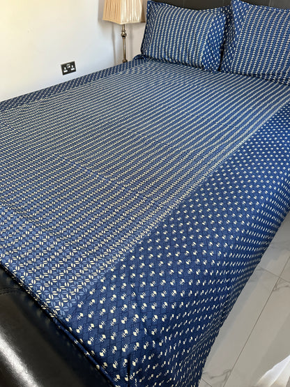 Indigo Bloom  Block Printed Bed Sheet