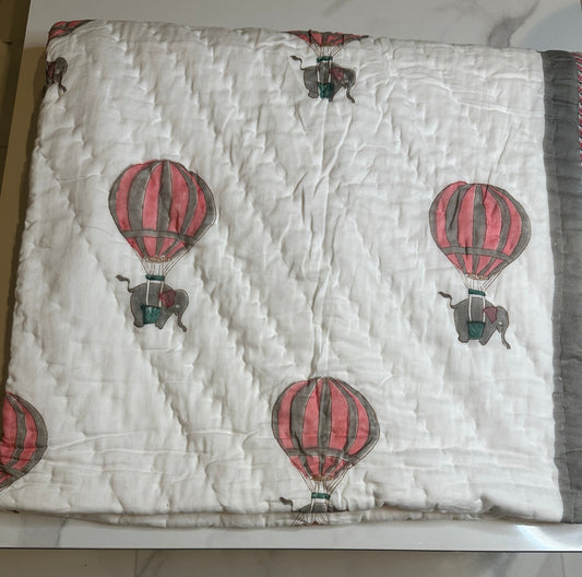 Hot Air Balloon - Hand Block Printed Reversible Kid's Quilt