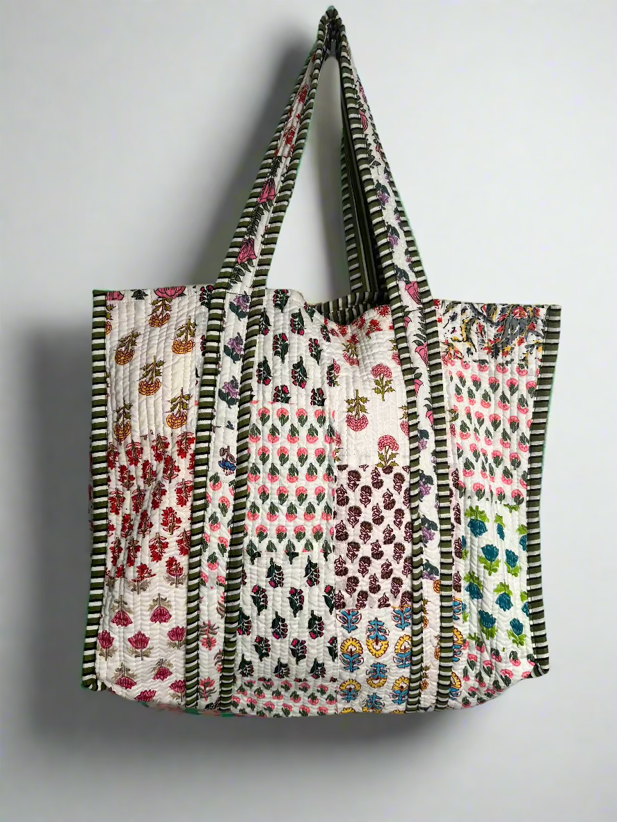 White Multi colour Quilted Tote Bag