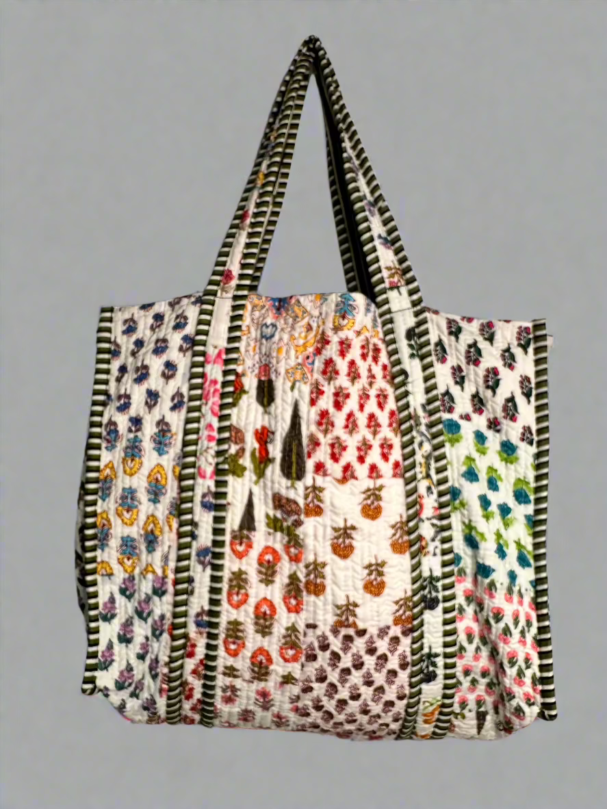 White Multi colour Quilted Tote Bag