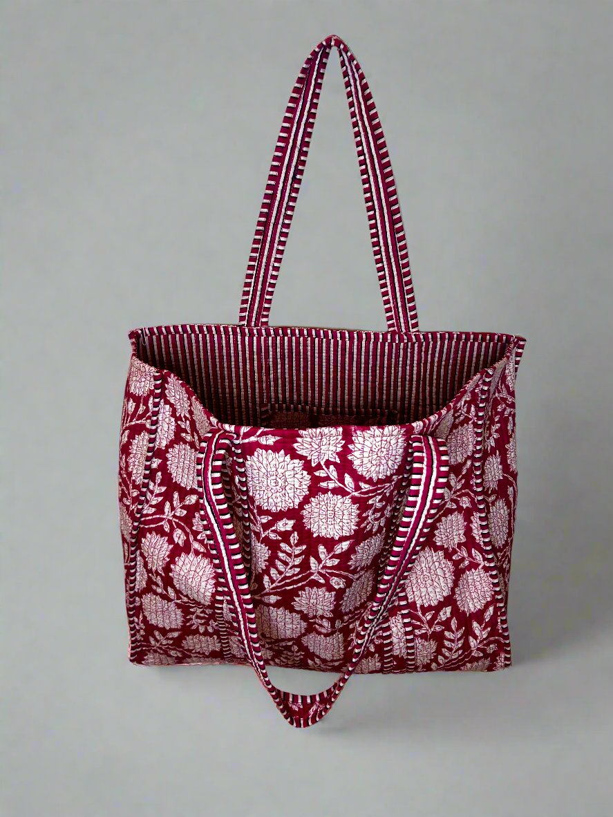 Crimson Blossom Quilted Tote Bag