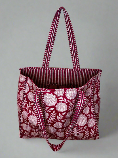 Crimson Blossom Quilted Tote Bag