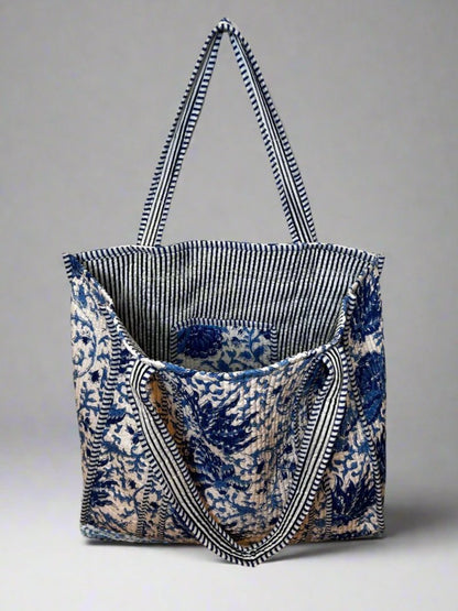 Indigo Blossom Quilted Tote Bag