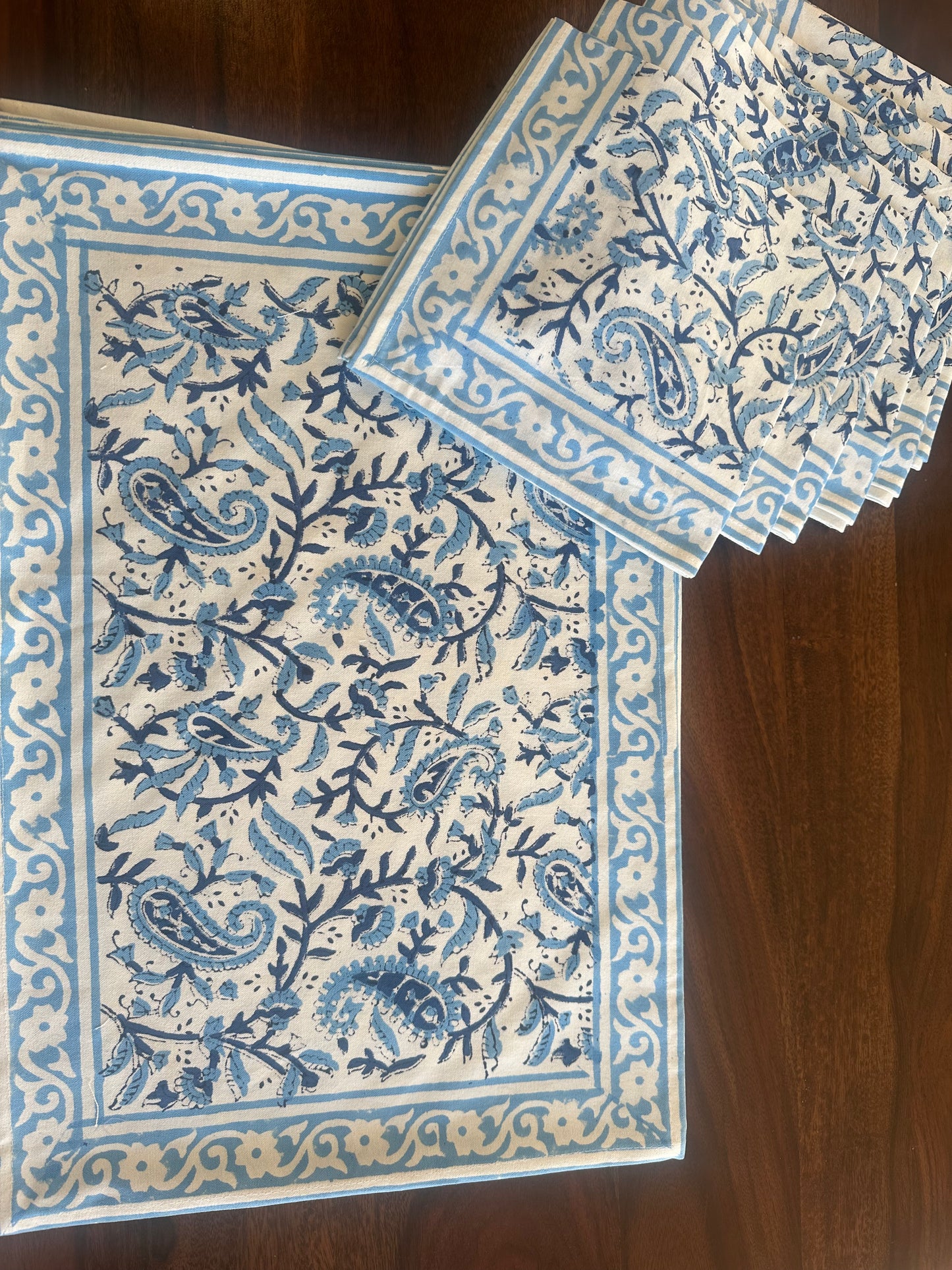 Blue PaisleyTable Mats & Napkins Set - Hand Block Printed