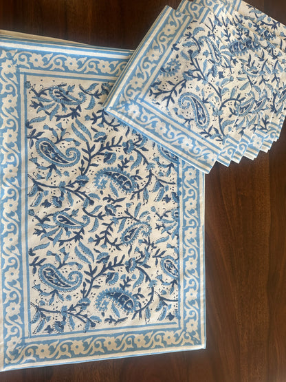 Blue PaisleyTable Mats & Napkins Set - Hand Block Printed