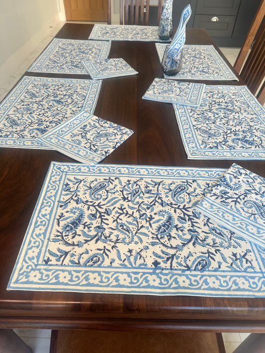 Blue PaisleyTable Mats & Napkins Set - Hand Block Printed