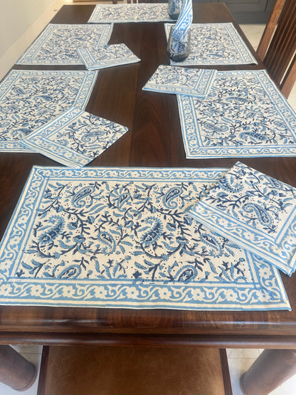 Blue PaisleyTable Mats & Napkins Set - Hand Block Printed