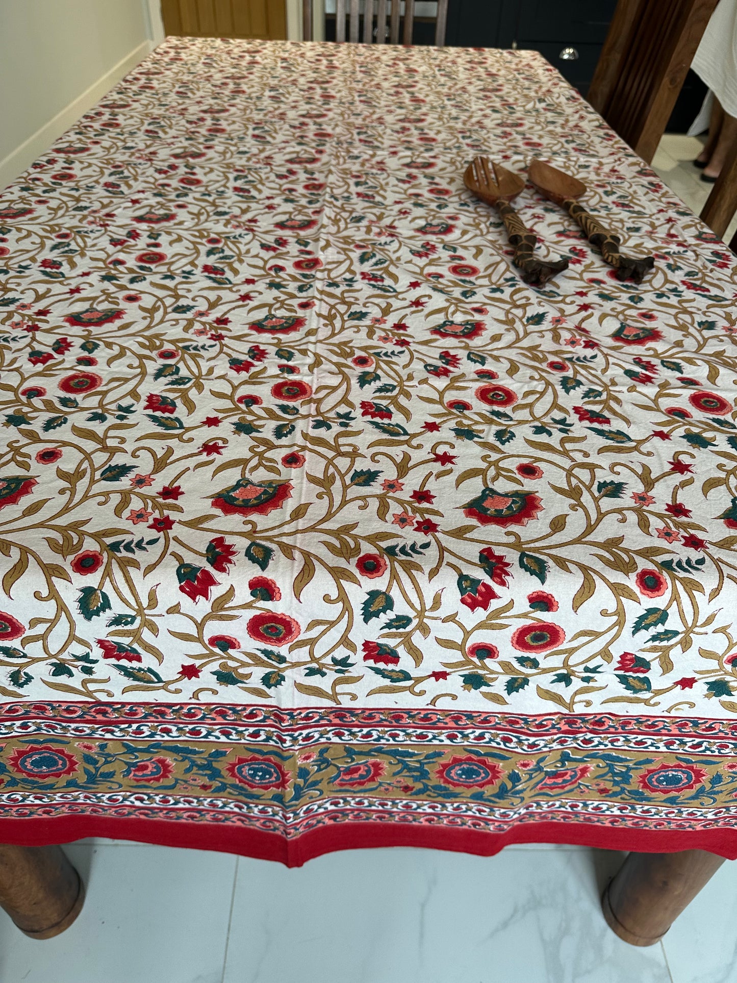 Crimson Floral  Block Printed Tablecloth