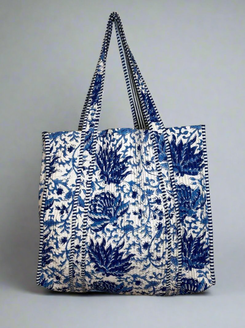 Indigo Blossom Quilted Tote Bag