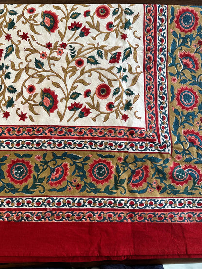 Crimson Floral  Block Printed Tablecloth