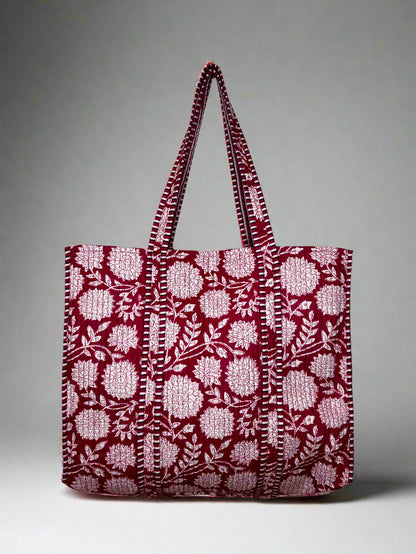 Crimson Blossom Quilted Tote Bag