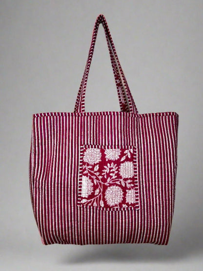 Crimson Blossom Quilted Tote Bag