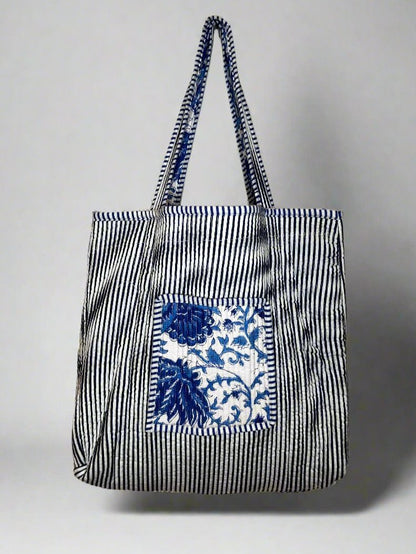 Indigo Blossom Quilted Tote Bag