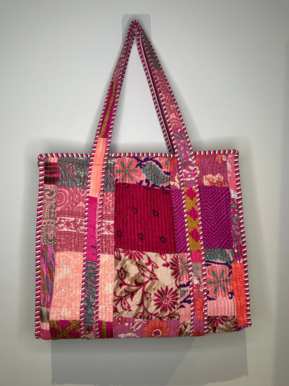 Fuchsia Silk Patchwork Tote Bag