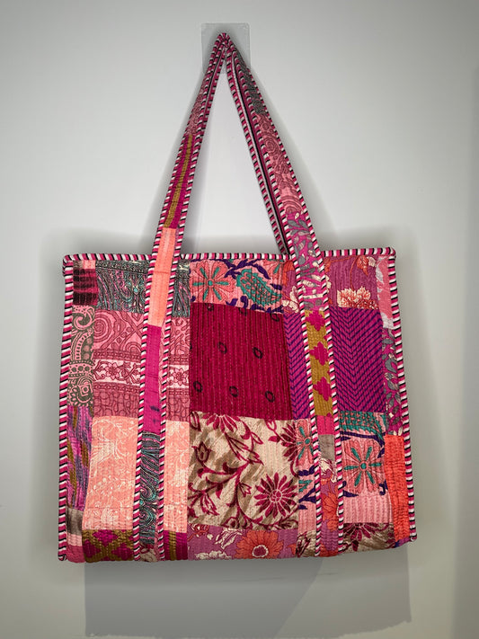 Fuchsia Silk Patchwork Tote Bag