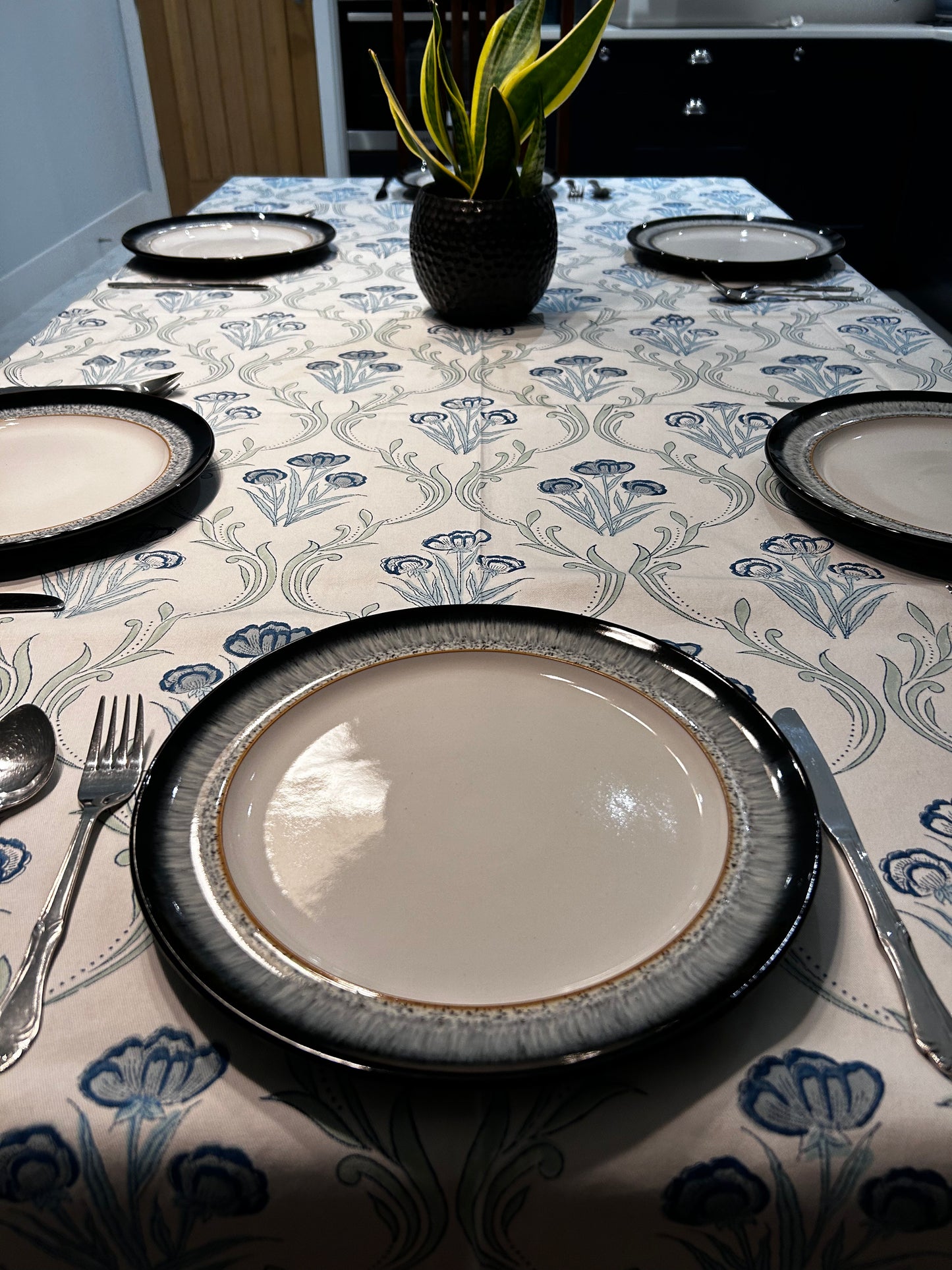 Blue Crocus Block Printed Tablecloth