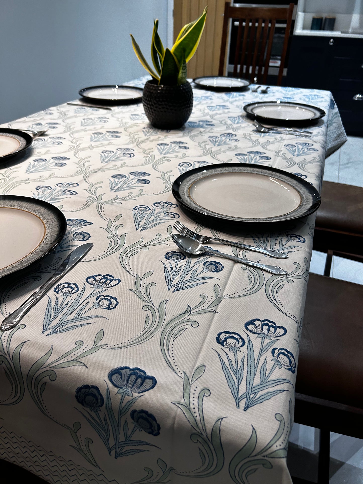 Blue Crocus Block Printed Tablecloth