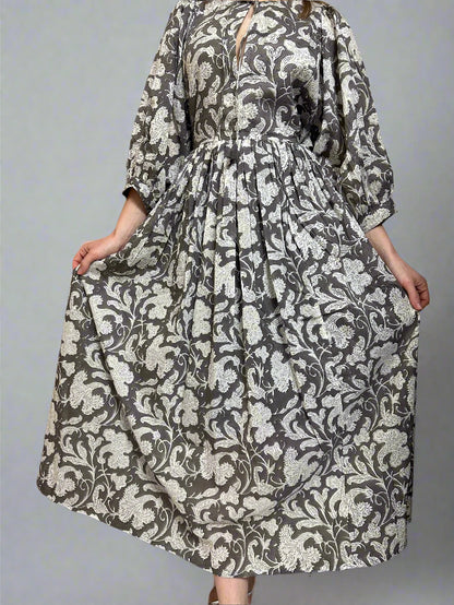 Riya Midi  Dress- Charcoal Garden