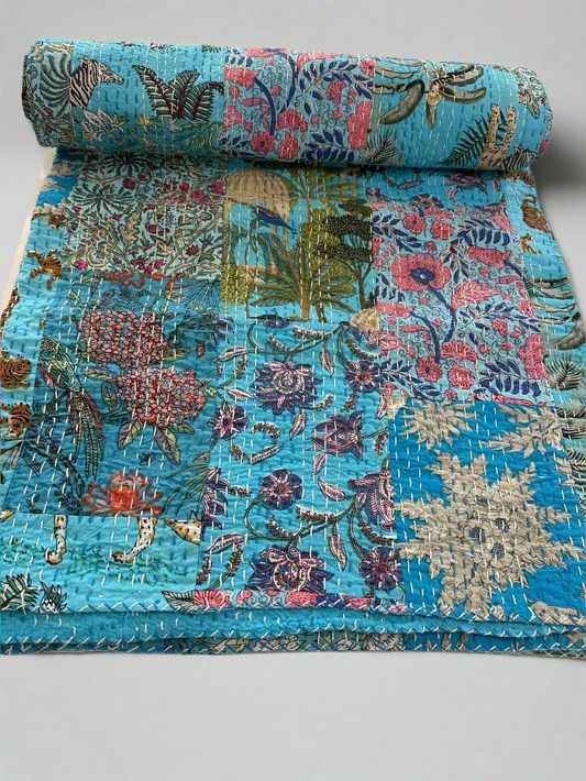 Roll of floral-patterned fabric on a light-colored surface