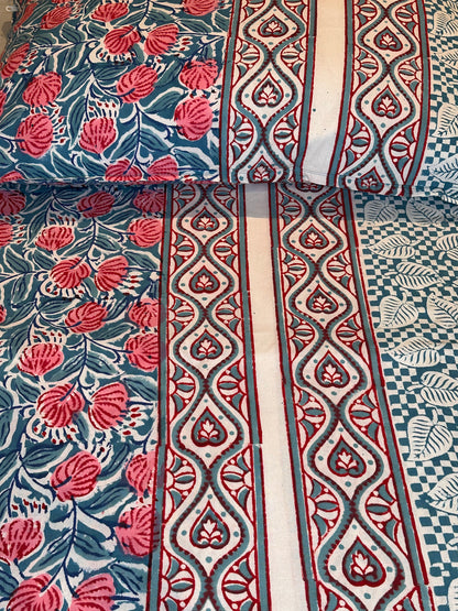 Coral Teal Symphony Block Printed Bed Set
