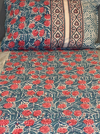 Coral Teal Symphony Block Printed Bed Set