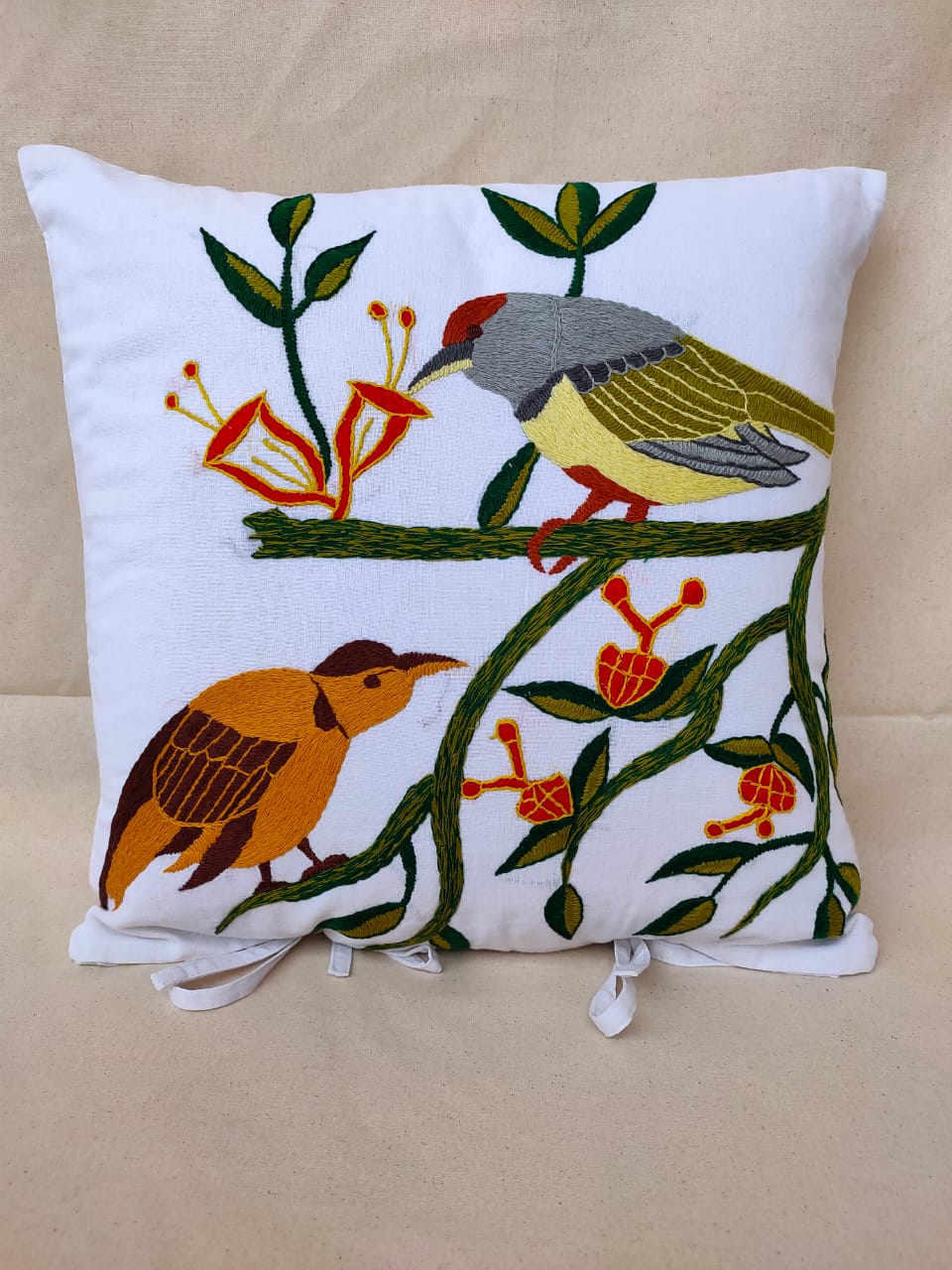 Vibrant Aviary- Hand Embroidered Cushion Cover - Tropical Serenade