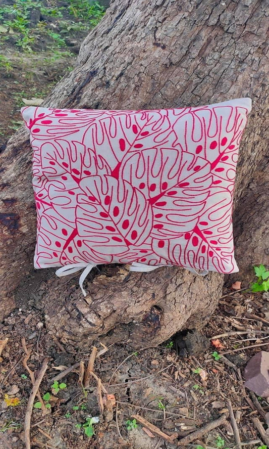 Red Monstera Plant - Hand Embroidered Cushion Cover