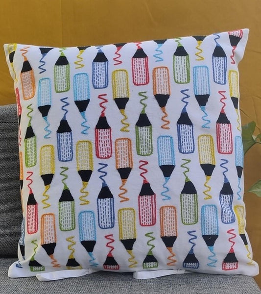 Colourful Markers - Hand Embroidered Cushion Cover