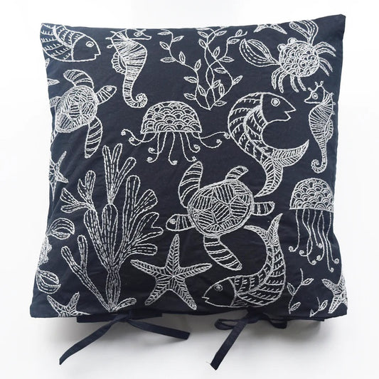 Black Sea Creatures - Hand Embroidered Cushion Cover